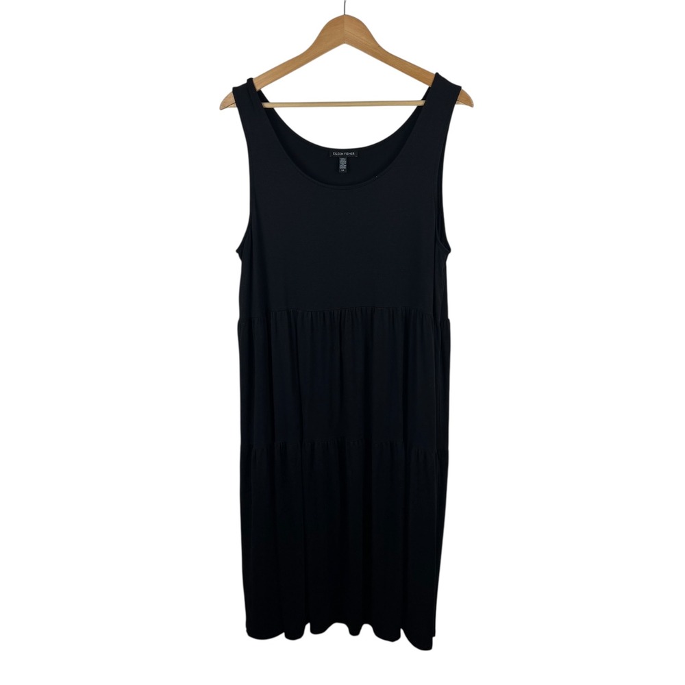 Eileen Fisher Sleeveless Tiered Midi Dress Large Black Minimalist Stretch‎ Soft